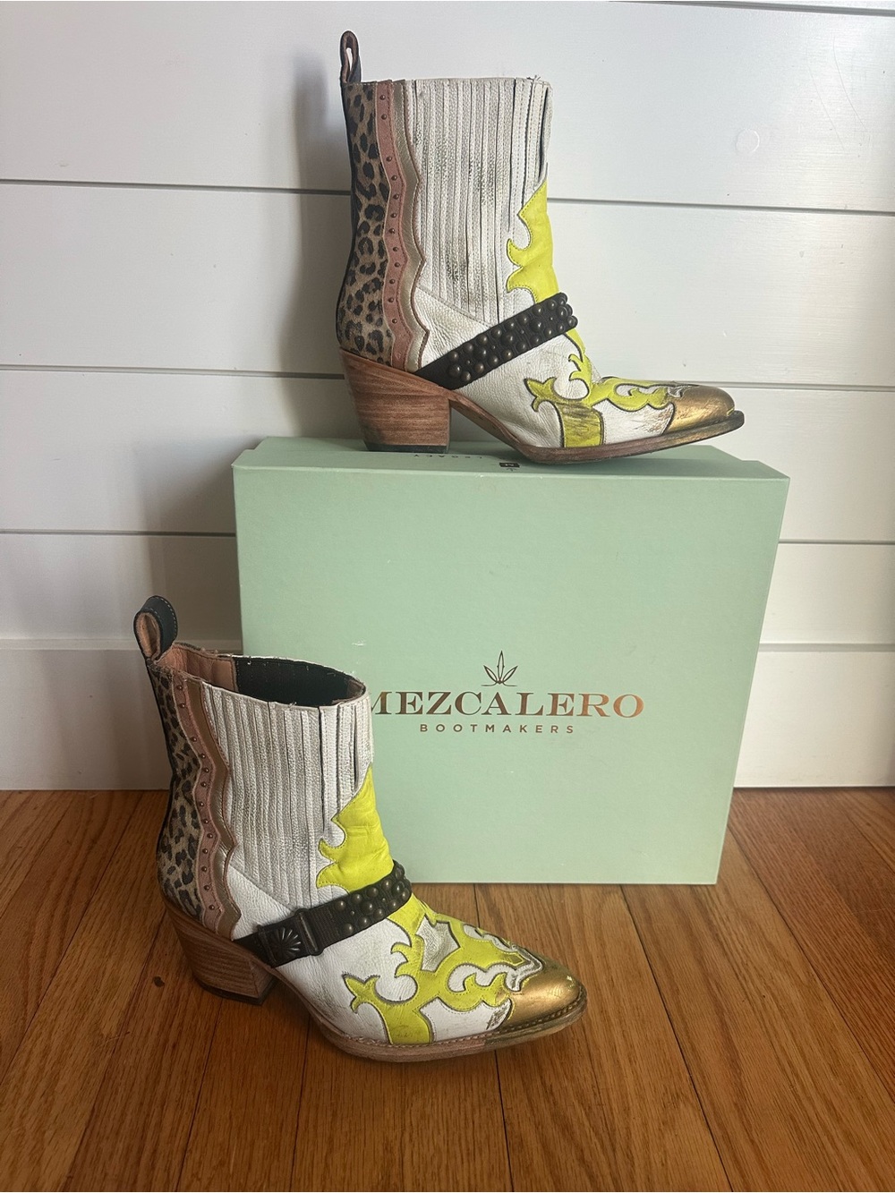 Mezcalero White, Yellow & Gold Western Ankle Booties with Leopard Accent
